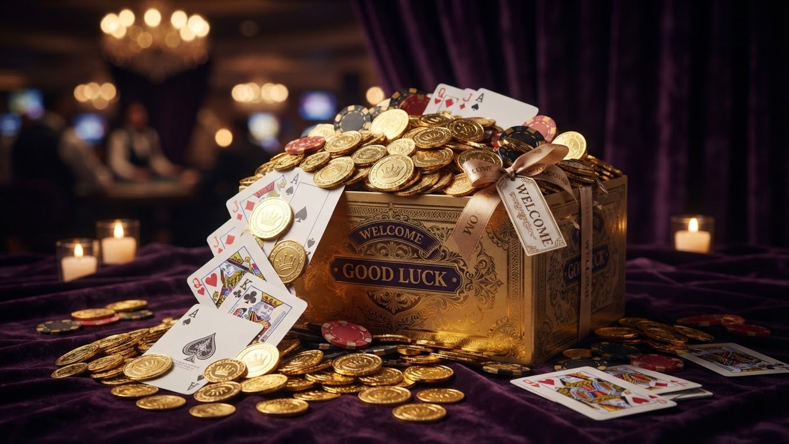 Golden welcome bonus gift box with coins and playing cards