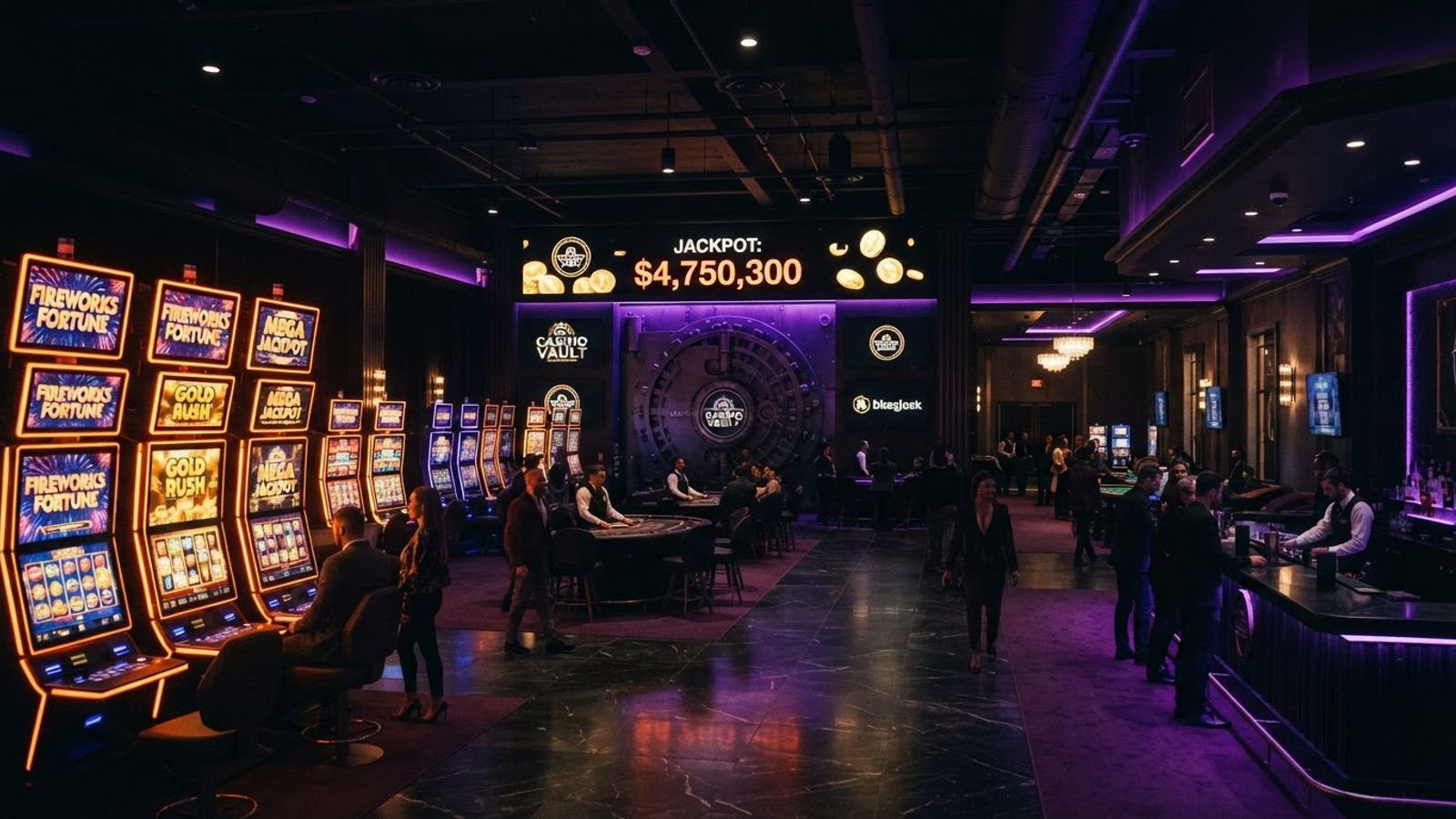 Jackpot Raider casino lobby with glowing slot machines and vault door