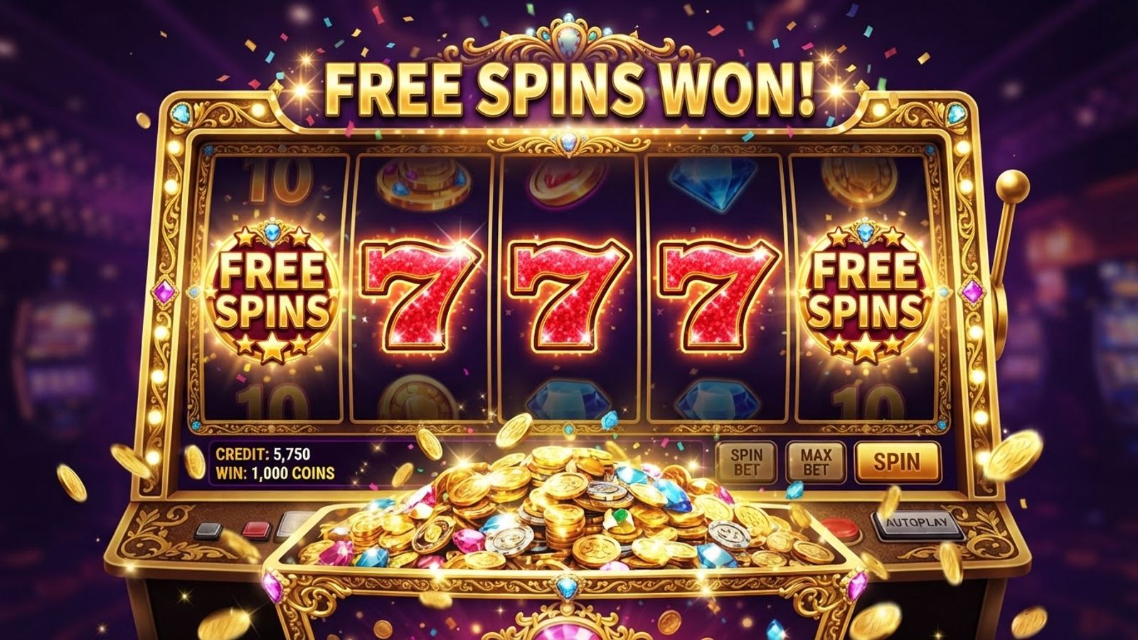 Free spins reel with golden seven symbols and coins